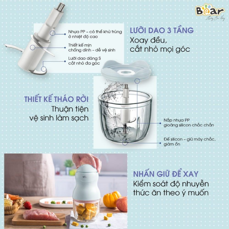 Thiết kế thông minh với lưỡi dao 3 tầng giúp xay thịt nhuyễn. mịn