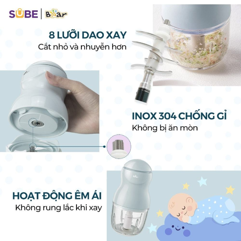 Thiết kế đơn giản, tiện lợi với 8 lưỡi dao giúp xay đồ ăn dặm cho bé nhuyễn, mịn hơn