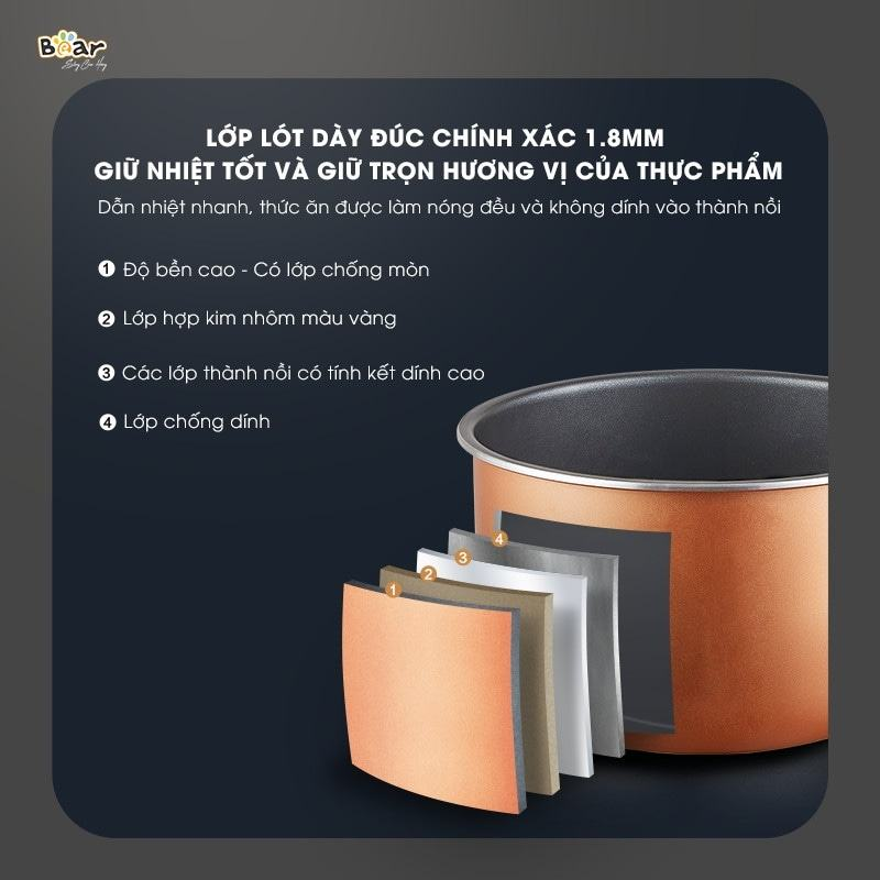 Cấu tạo chắc chắn với lớp lót dày giúp giữ nhiệt lâu, nóng đều khi nấu