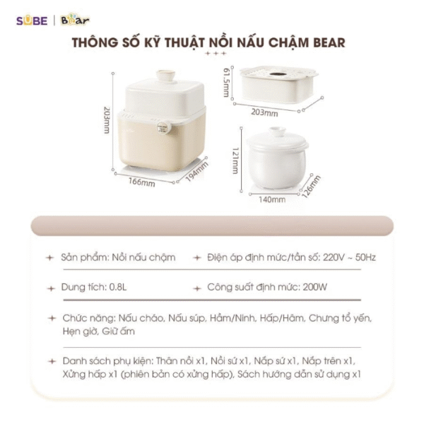 Thông số kỹ thuật của nồi nấu chậm Bear 0.8L